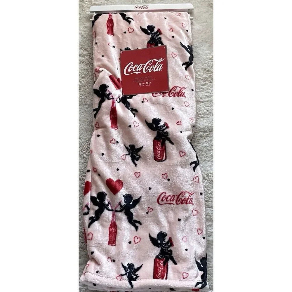 Coca Cola Can Pink Valentines Cupid Hearts Velvet Soft Throw‎ Blanket 60 X 70”